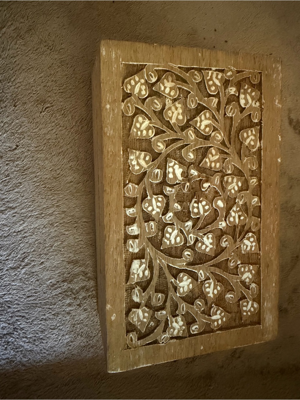 Hand-Carved Wooden Wall Panel with White Inlay